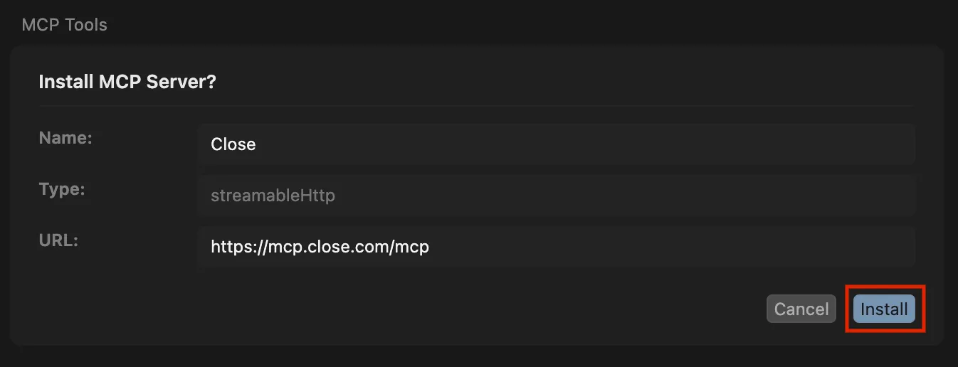 Cursor MCP Tools showing Close server