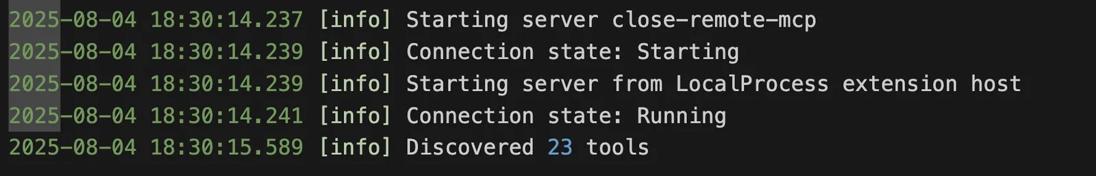 VS Code console confirming server connection